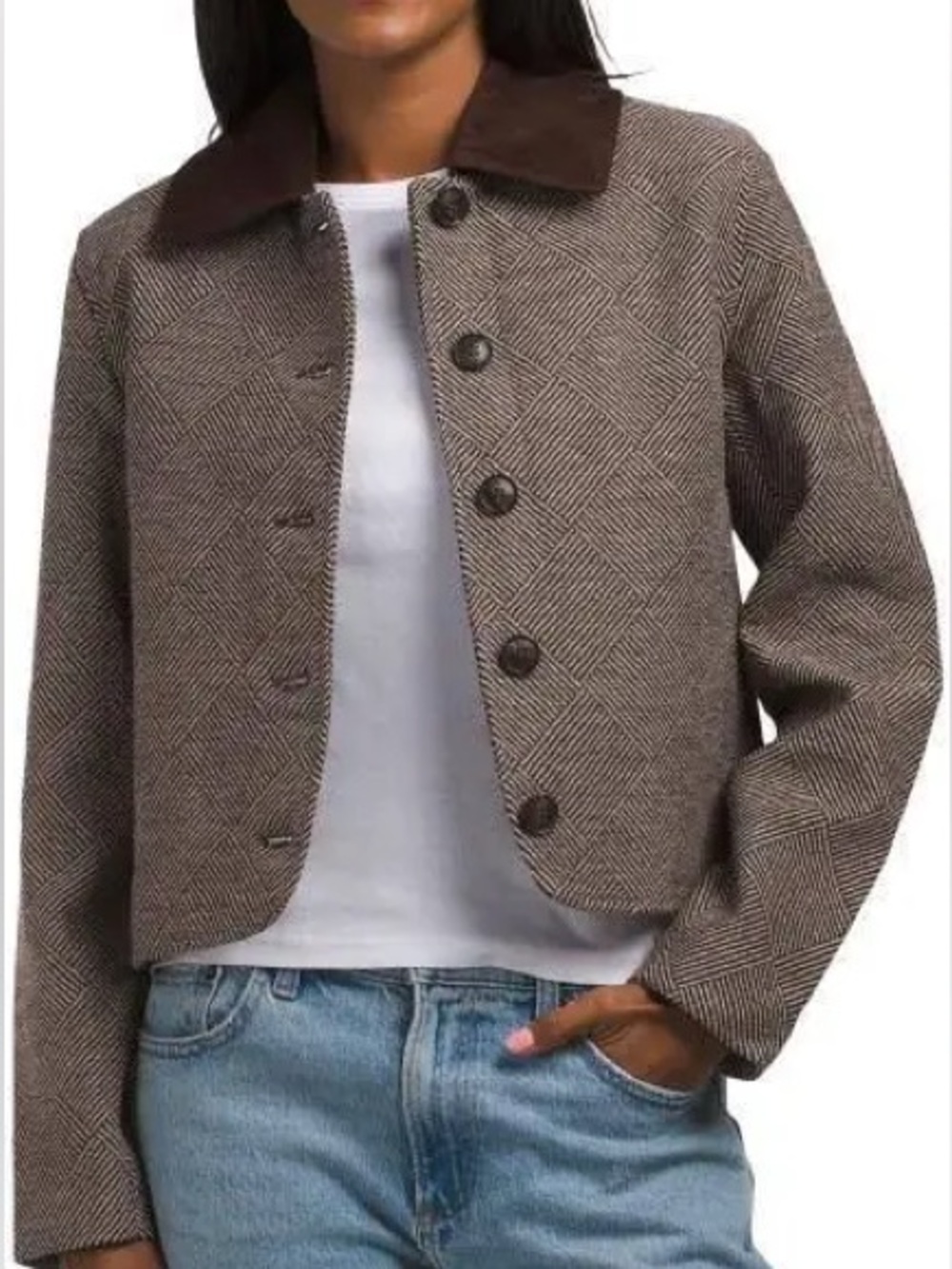 Bagatelle Collection Herringbone Button-Front Crop Jacket